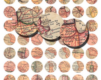 vintage American maps, one inch bottlecap, jewelry supplies, digital download, collage sheet no. 1053