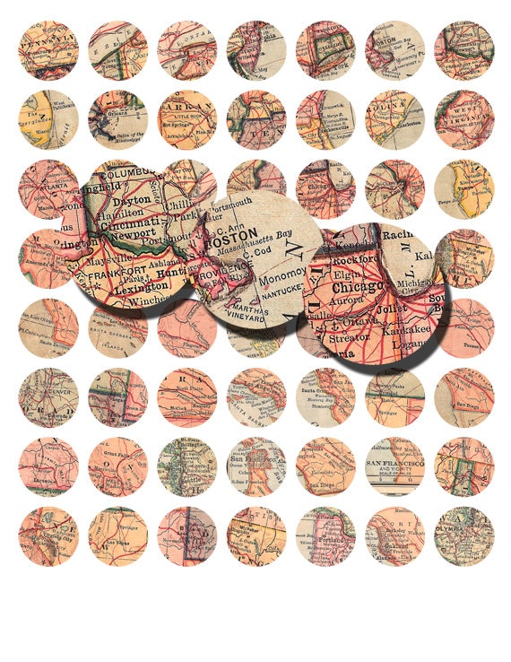 vintage American maps, one inch bottlecap, jewelry supplies, digital download, collage sheet no. 1053