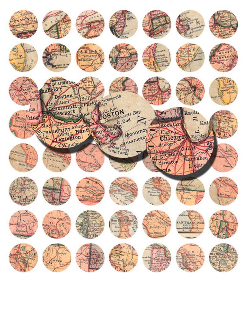 May include: A collection of 36 vintage map-themed round stickers. Each sticker features a different city or region of the United States, with a detailed map and the city name printed in black.
