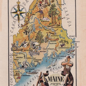 mapa do Maine de 1946, do artista francês Jacques Liozu, mapa para impressão, download digital nº 1711