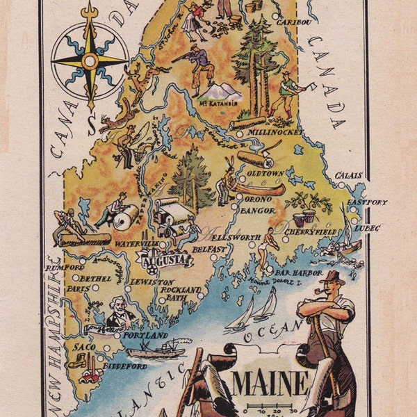 map of Maine from 1946, by French artist Jacques Liozu, printable map,  digital download no. 1711