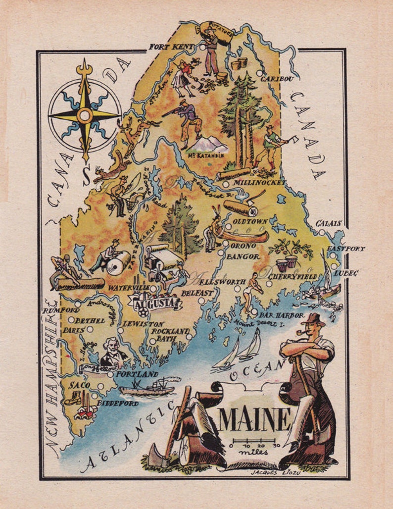 map of Maine from 1946, by French artist Jacques Liozu, printable map, digital download no. 1711 image 1