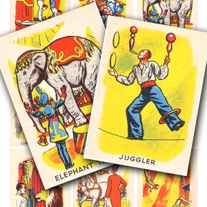 collageblad circuskaarten, van vintage speelkaarten uit de jaren 40, digitaal downloadnr. 139