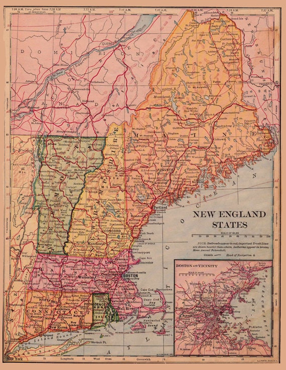 map of New England circa 1900 a printable digital download | Etsy