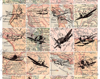 old maps with vintage airplanes, a 2 x 2 inch digital collage sheet no. 326