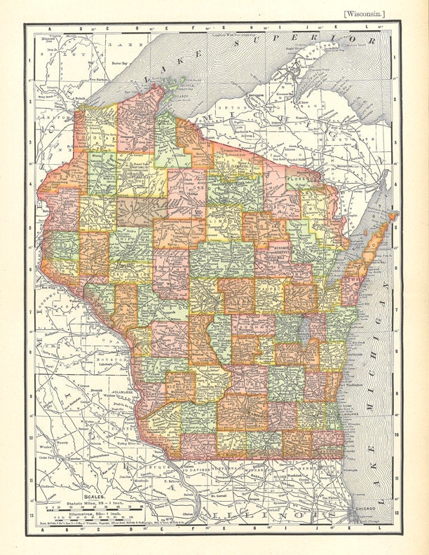 printable map of Wisconsin, unique gift or home decor, housewarming gift, wall art, instant digital download, printable map no. 131