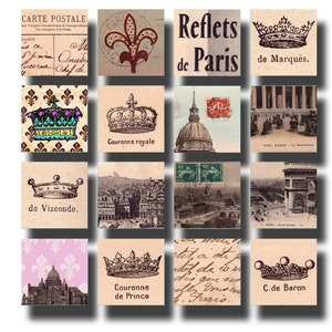 Effimero di carta francese: corone, Fleur de Lis, le Tour Eiffel, in quadrati da 1x1 pollici, foglio collage digitale n. 525