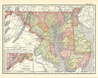 printable map of Maryland and Delaware, arts and crafts, home decor, wall art, paper ephemera, no. 970