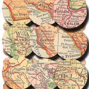 vintage map circles of the Pacific Coast,  California, Oregon Washington  1 inch and 18 mm Digital Sheet 185