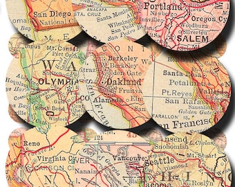 vintage map circles of the Pacific Coast,  California, Oregon Washington  1 inch and 18 mm Digital Sheet 185