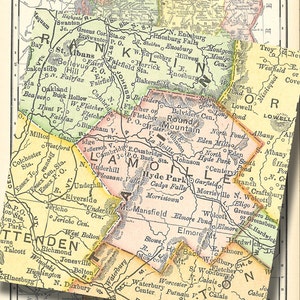 May include: A vintage map of Vermont, USA, showing the state's towns and cities. The map is divided into sections, each with a different color. The map is printed on a yellowed paper with a faded border.