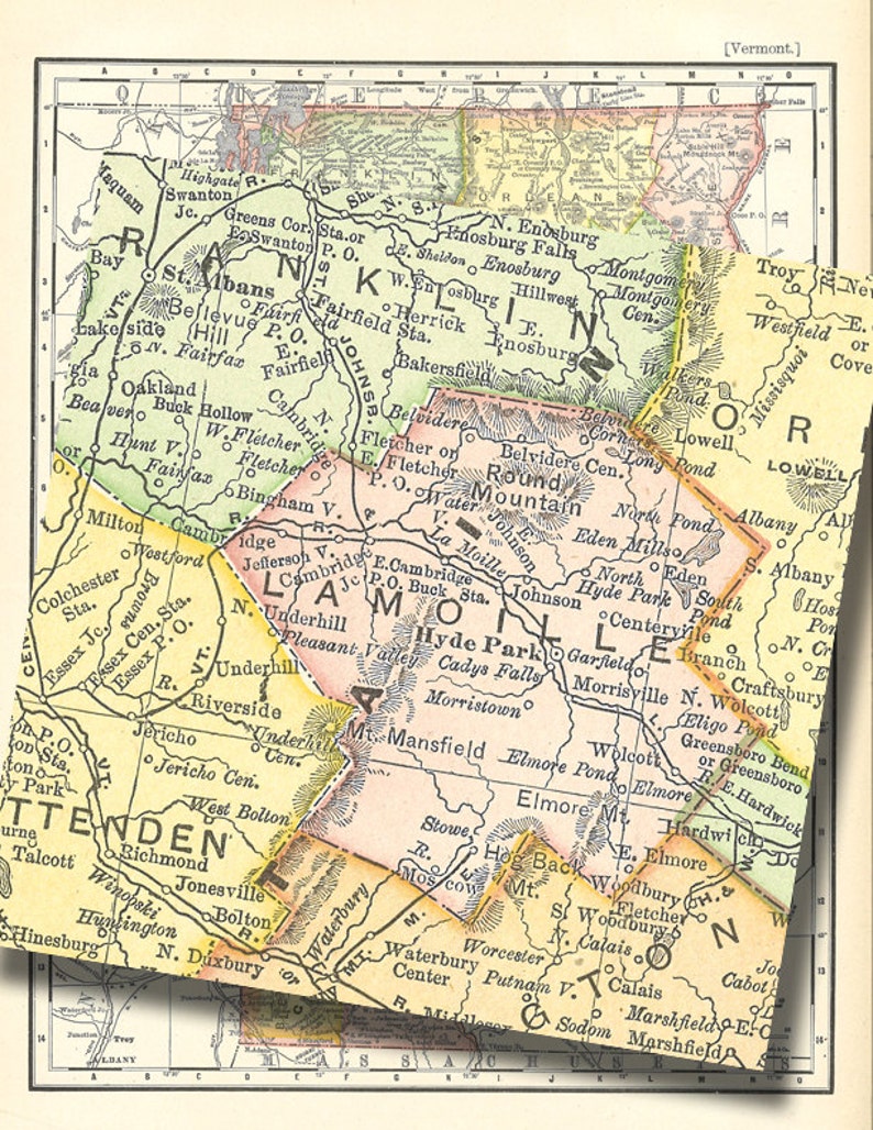May include: A vintage map of Vermont, USA, showing the state's towns and cities. The map is divided into sections, each with a different color. The map is printed on a yellowed paper with a faded border.