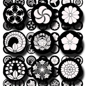 Black and White Japanese crests and flowers, Asian design, printable digital collage sheet no. 165