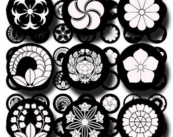 Black and White Japanese crests and flowers, Asian design, printable digital collage sheet no. 165