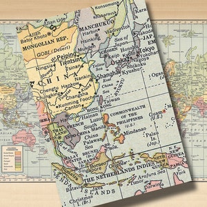 May include: A vintage map of Asia with a focus on China, Southeast Asia, and the Philippines. The map is printed on a light blue background with brown and yellow borders. The map includes country names, major cities, and geographic features.