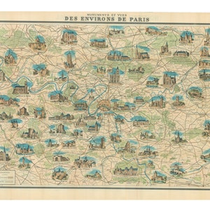 mapa para impressão dos monumentos de Paris, do início do século 20, presentes exclusivos e decoração de casa, artes e ofícios, folha de colagem, download digital