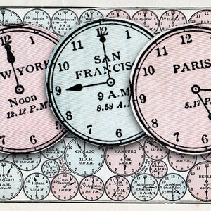 May include: A vintage illustration of clocks showing different time zones around the world. The clocks are in a circle with the names of the cities and the time in each city. The clocks are all in different colors and have a vintage look.
