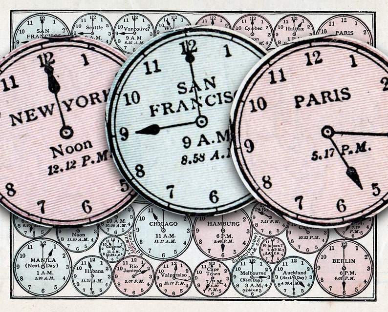 May include: A vintage illustration of clocks showing different time zones around the world. The clocks are in a circle with the names of the cities and the time in each city. The clocks are all in different colors and have a vintage look.
