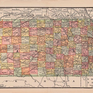 mapa para impressão do Kansas, decoração antiga para casa, artes e ofícios, arte de parede, impressão digital nº 363.