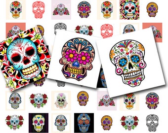 dia de los muertos collage sheet, Day of the Dead, sugar skull tattoos, 1x1 inch Mexican art digital download no. 154