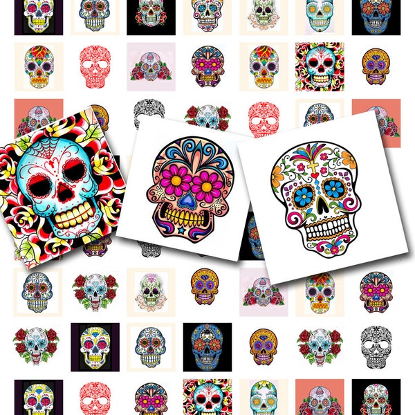 dia de los muertos collage sheet, Day of the Dead, sugar skull tattoos, 1x1 inch Mexican art digital download no. 154