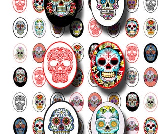 Sugar Skull tattoos collage sheet, Dia de los Muertos, Day of the Dead, 18 mm by 25 mm ovals digital download no 1060