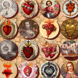 Sacred Heart Collage Sheet, 1,5 inch Kreise, aus französischen Heiligen Karten, christliche Kunst, Collage Sheet, Digitaler Download Nr. 2013