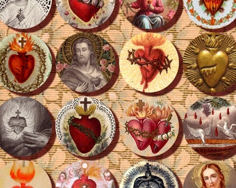 Sacred heart collage sheet, 1.5 inch circles, from French holy cards, Christian art, catholic collage sheet, eak digital download no. 2013