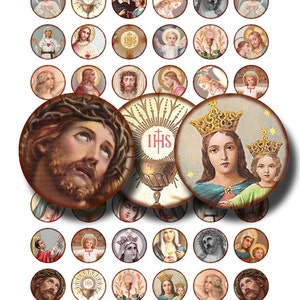 May include: A collection of 36 round, colorful images featuring religious figures and symbols. The images include Jesus, Mary, and the Holy Spirit. The images are perfect for scrapbooking, card making, or other craft projects.