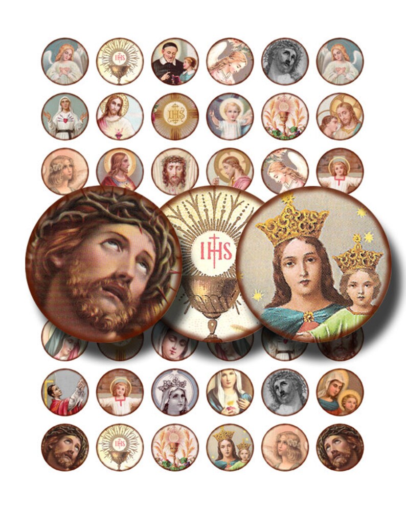 May include: A collection of 36 round, colorful images featuring religious figures and symbols. The images include Jesus, Mary, and the Holy Spirit. The images are perfect for scrapbooking, card making, or other craft projects.