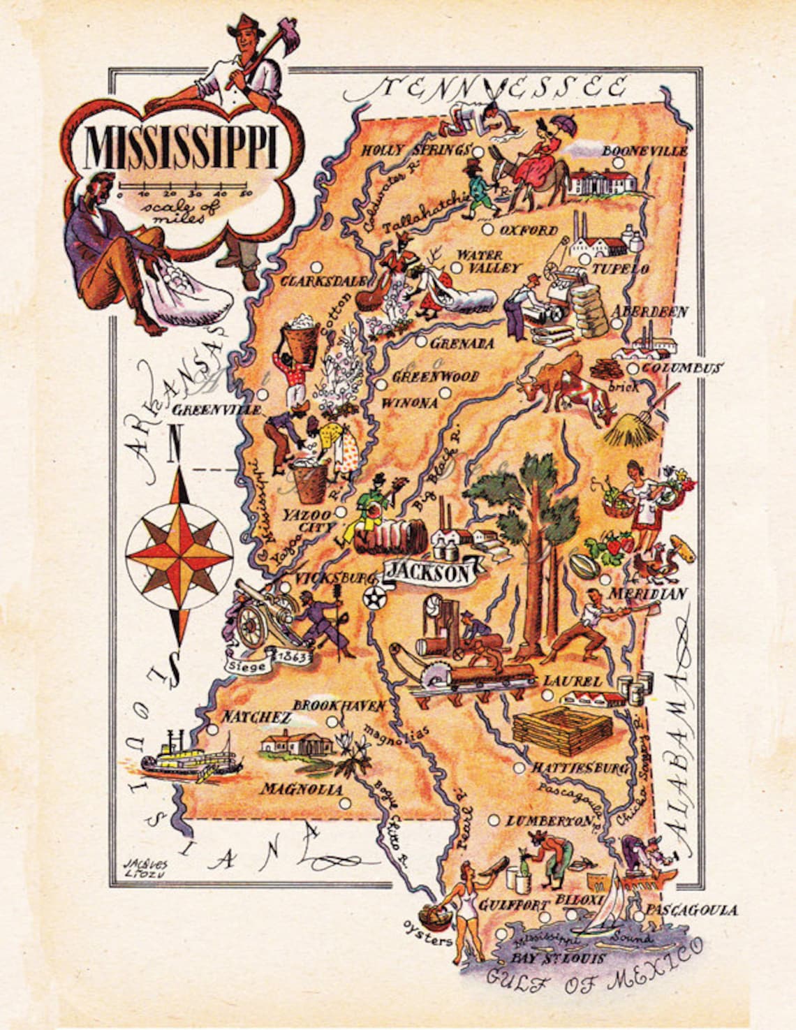 Map of Mississippi from 1946 by French artist Jacques Liozu a Etsy
