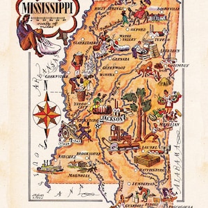 Druckbare Karte von Mississippi, eine humorvolle 1940er Jahre bildliche Karte, für Kunst und Handwerk, Wohnkultur, Collagenkunst, digitaler Download, Nr. 1714