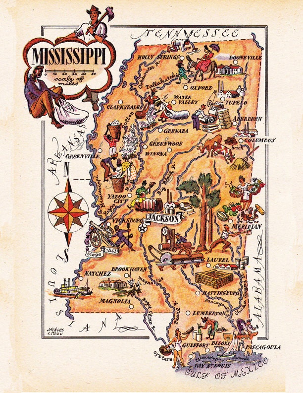 Map of Mississippi from 1946 by French artist Jacques Liozu a Etsy