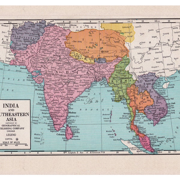 map of India, Tibet, Burma, Siam, Malay, and Afghanistan, unique gift or home decor, arts an crafts, a printable digital map, no.  511.