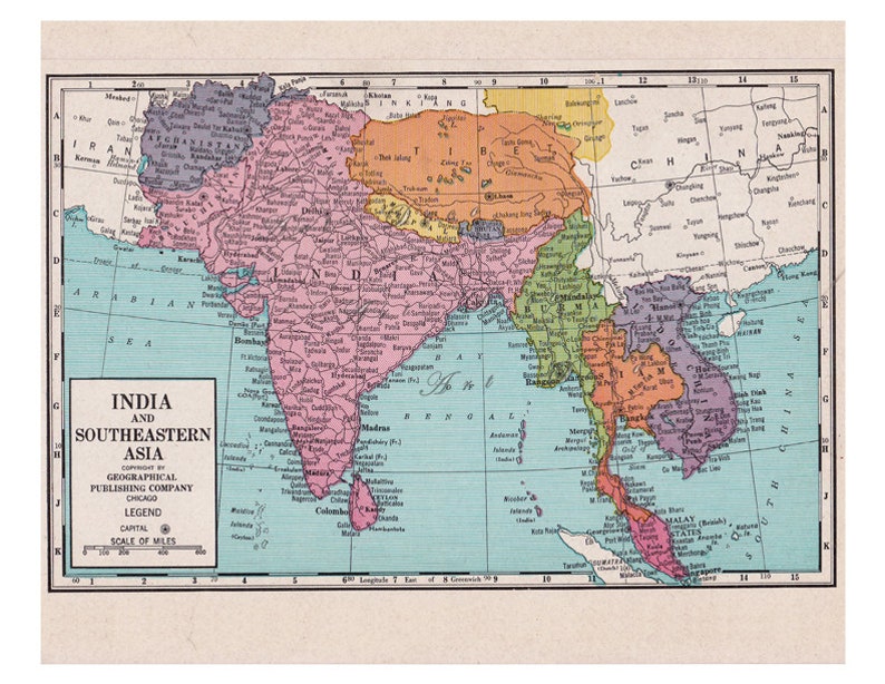 Map Of India Tibet Burma Siam Malay And Afghanistan Etsy