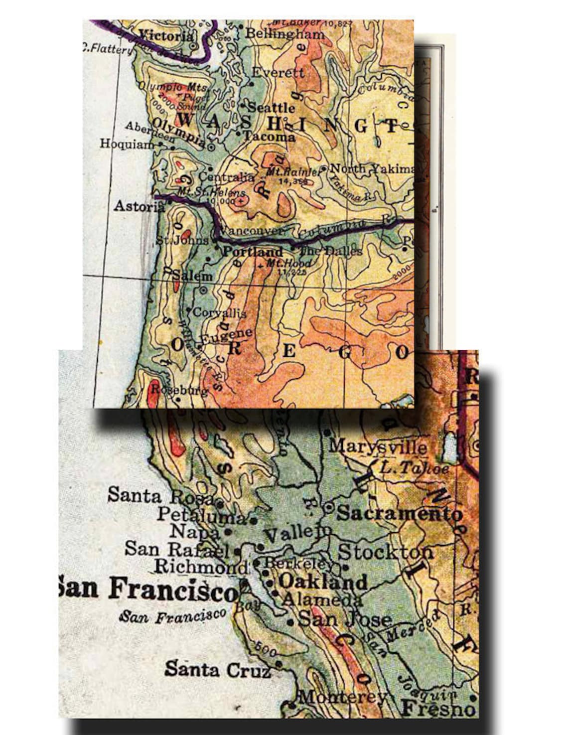 Physical and Political Map of Pacific Coast States Unique Etsy