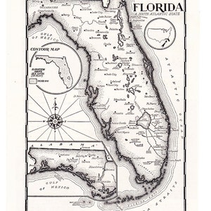 afdrukbare kaart van Florida in zwart-wit, handgetekende kaart uit de jaren 1950, digitaal downloadnr. 582