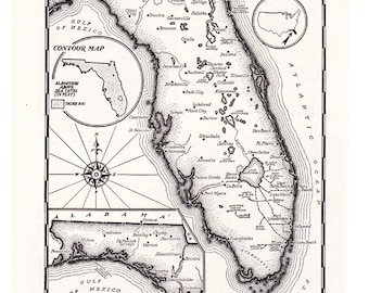 printable map of Florida in black and white, hand drawn map from the 1950's, digital download no.  582