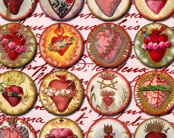 Feuille de collage Sacré-Cœur, à partir de cartes saintes françaises antiques, téléchargement d'artisanat catholique chrétien, cercles de 1,5 pouce eak no. 2017