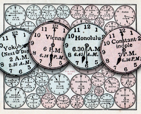 old clock faces, with times and cities from around the world, digital download, collage sheet no. 13