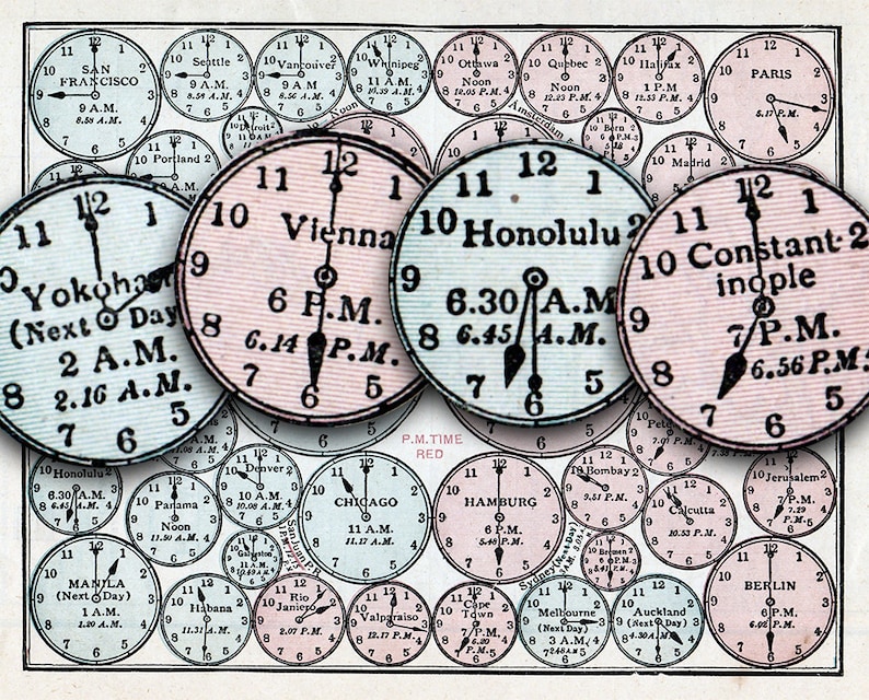 May include: A vintage illustration of clocks from around the world with different time zones. The clocks are circular with Roman numerals and black hands. The clocks are on a white background with a red banner that says "P.M. TIME RED".