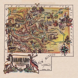 printable map of Colorado, with funny characters and pictures, 1940's era, printable digital file, no. 1067
