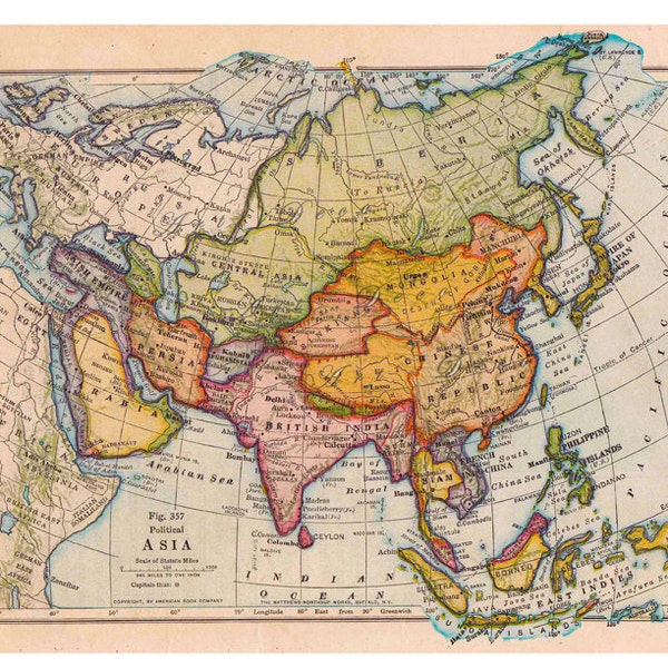 druckbare Karte von Asien in wunderschönen Farben, für Wohnkultur, Einweihungsparty, Kunst und Handwerk, etc. digitaler Download Nr. 155.