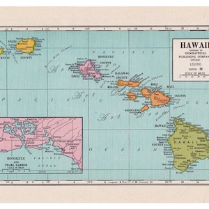 Druckbare Karte von Hawaii aus den 1920'er Jahren, bunt und leuchtend, digitaler Download No. 510.