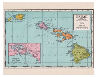 printable map of Hawaii from the 1920's, colorful and bright digital download no. 510.