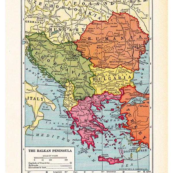 map of the Balkans, bright and colorful unique home decor, arts an crafts, printable digital map no.  547