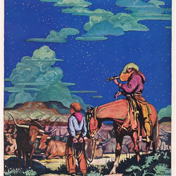 vintage western print, 'Cowboys and a Night Sky on the Range', southwestern home decor, a vintage printable digital image no. 987