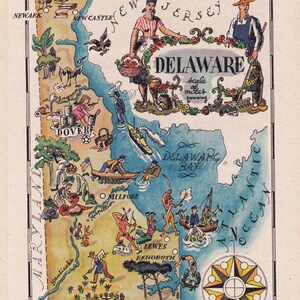printable map of Delaware from the 1940&#39;s, funny pictorial map no. 1705