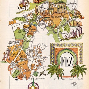 ancienne carte de Fes, Fès, Maroc des années 1950 par Français artiste Jacques Liozu feuille de téléchargement numérique 752