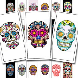 dia de los muertos digitale download, Dag van de Dode suiker schedel tatoeages in een 1 x 2 inch formaat, calavera domino collage vel nr. 561.